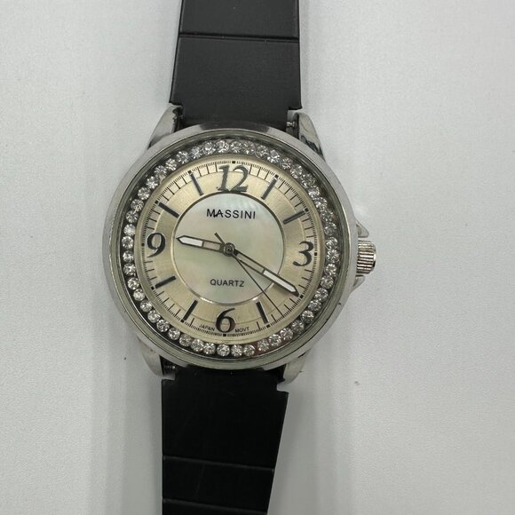 3/$30 Massini Watch Women Silver Tone Round Case Black Silicone Band 9" - Picture 1 of 15